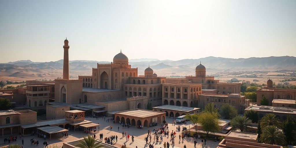 Uzbekistan landskap med historiska byggnader och marknader.