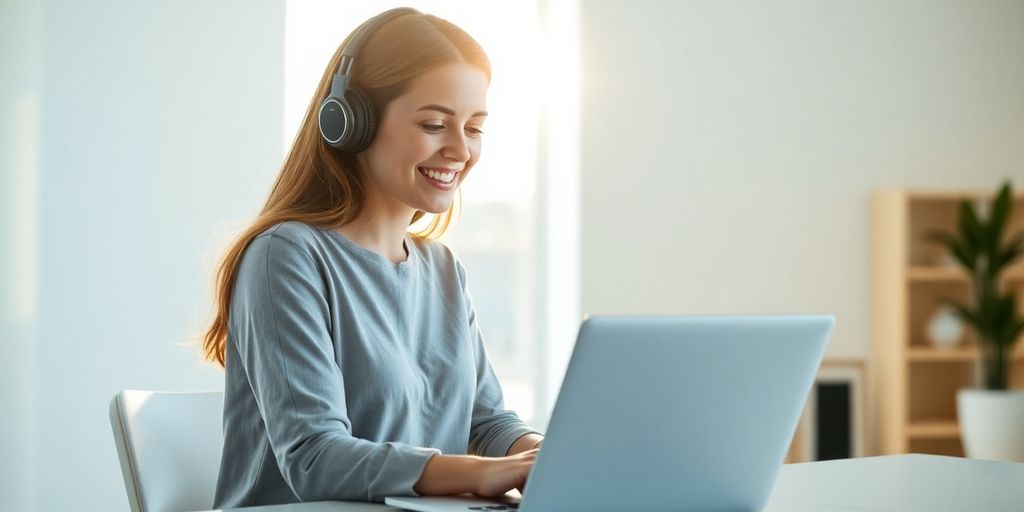 Woman working on laptop with virtual assistant tools.