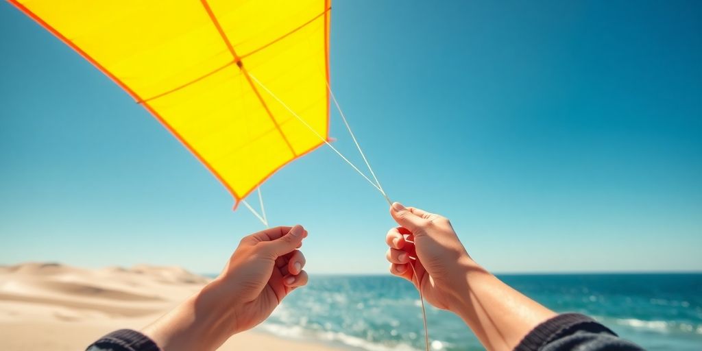 Person joyfully flying a colorful kite on a sunny beach.