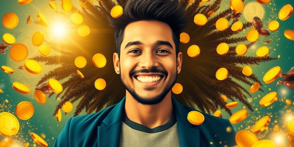 Prosperous person surrounded by glowing coins.