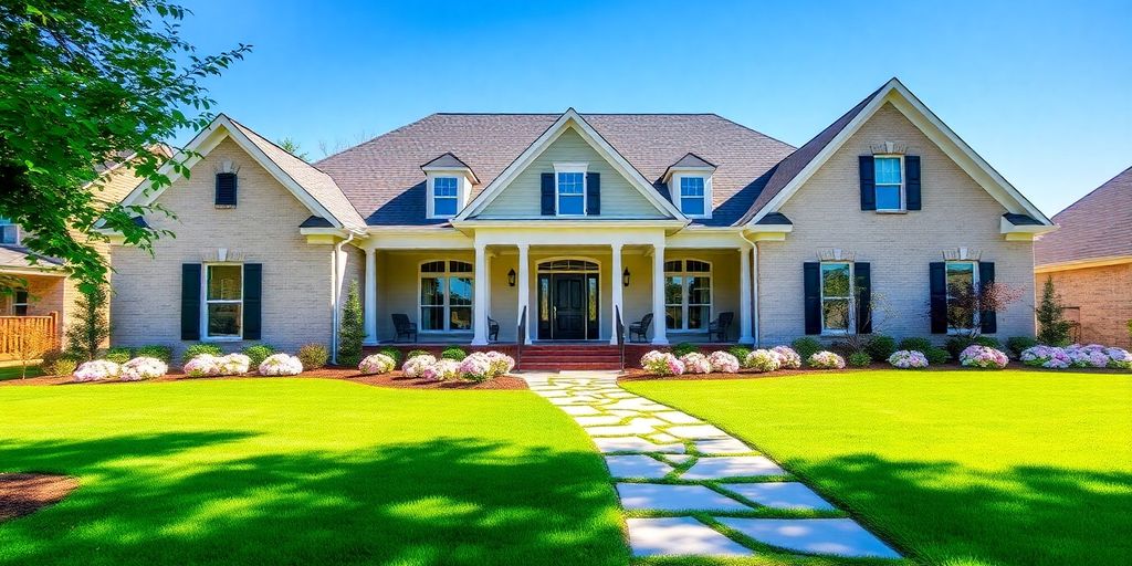 Elegant Georgia custom home with manicured lawn.