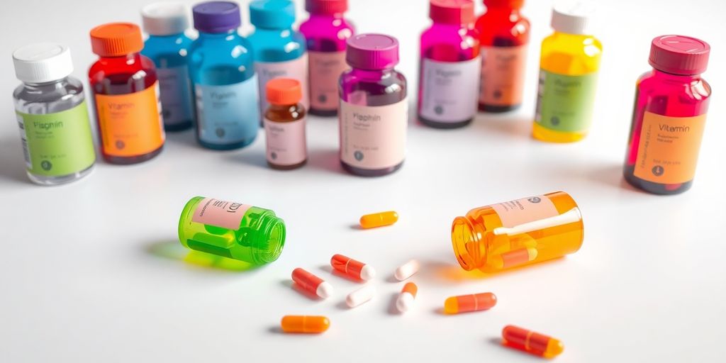 Assorted vitamin bottles arranged on a clean, light surface.