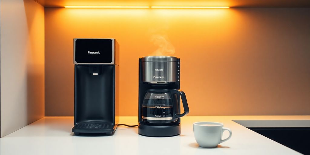 Sleek Panasonic coffee maker brewing in modern kitchen.