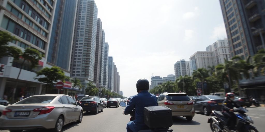 Bustling Jakarta street, person riding motorbike.