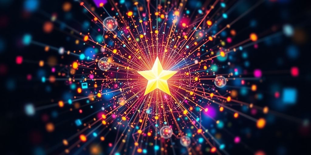 Brand engagement icons surrounding a glowing success star.