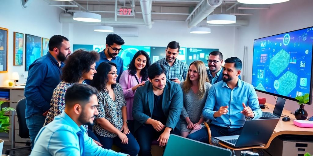 Group of innovators collaborating in a modern workspace.