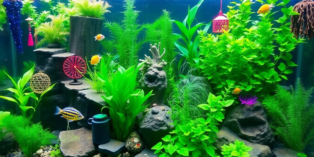 Colorful aquarium with plants and decorative elements.