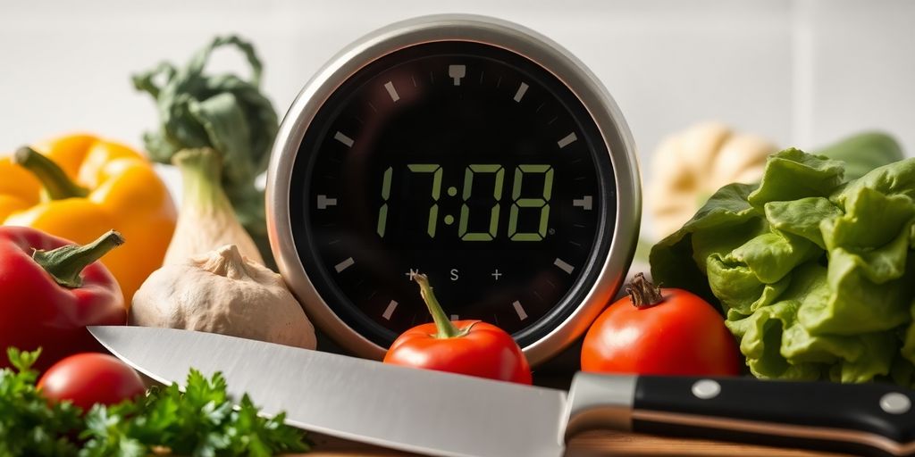 Clock with chef's knife and ingredients.