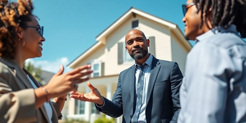 Broker, client, and house, discussing real estate.