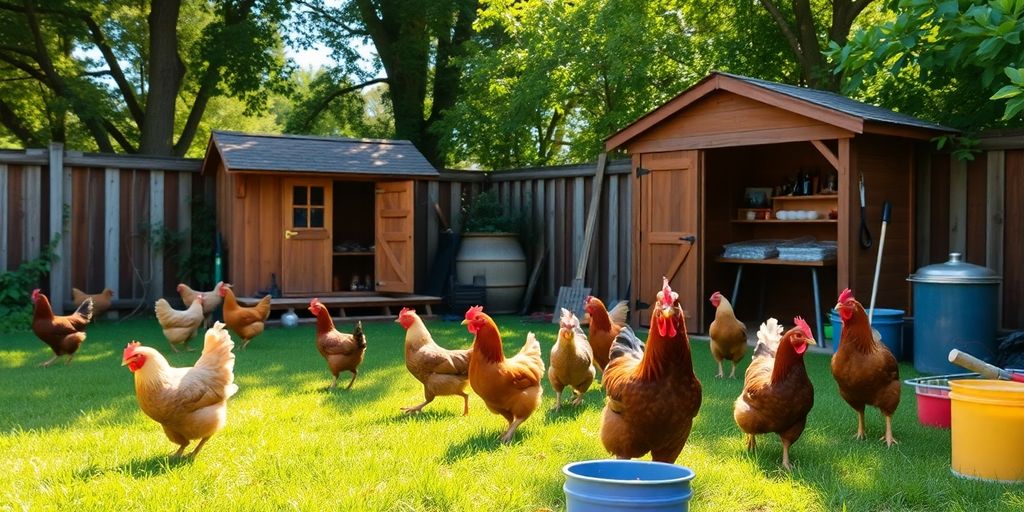 Backyard with chicken coop and chickens roaming freely.