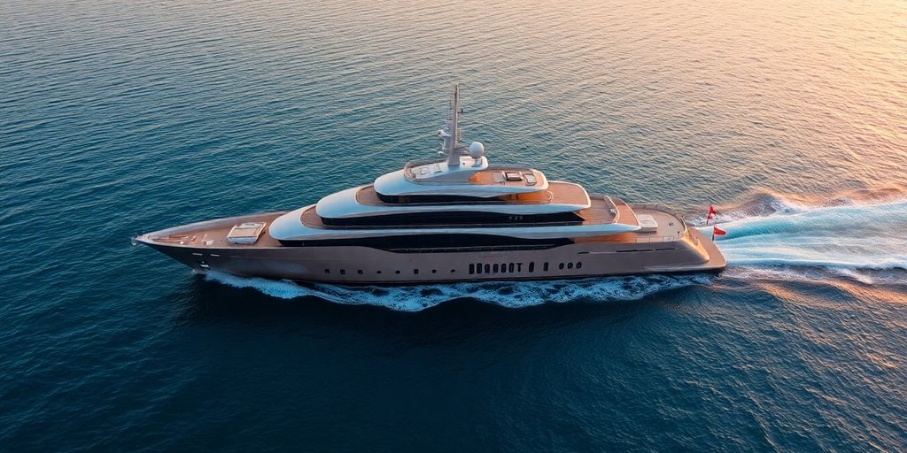 Largest yacht sailing at sunset, aerial view