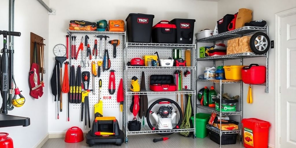 Organized garage with Troy Bilt Flex Storage Rack and tools.