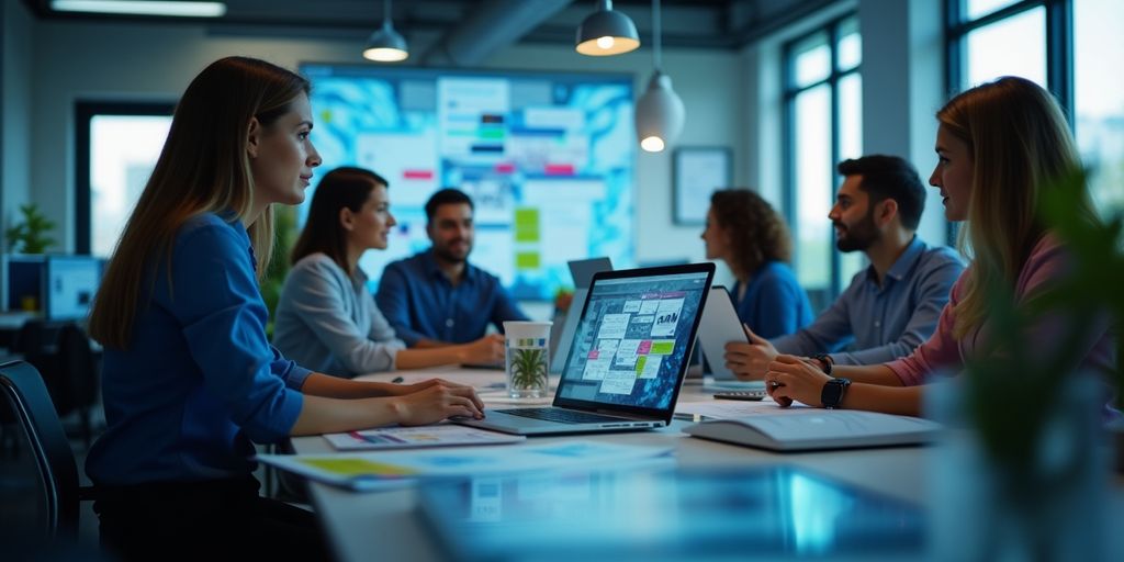 Profissionais de marketing digital em escritório moderno.