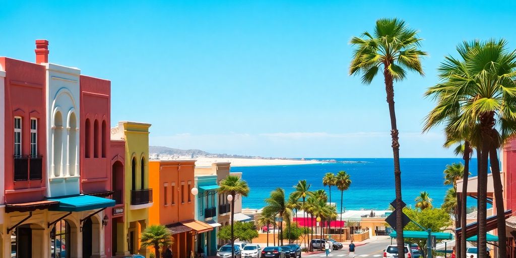 Vibrant downtown Cabo San Lucas, ocean view, lively atmosphere