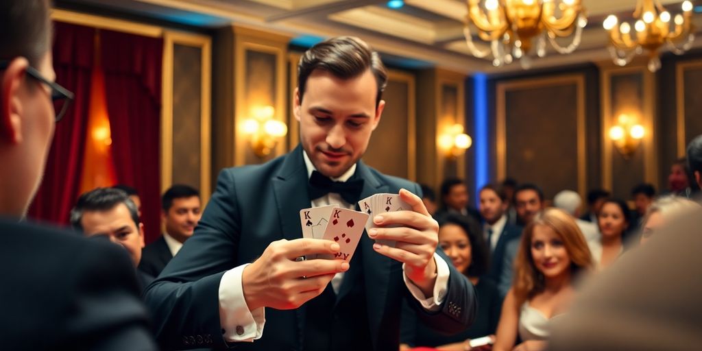 Magician performing card trick for amazed audience in Nottingham.