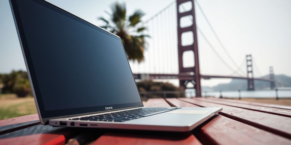 Laptop, palm trees, golden gate bridge.