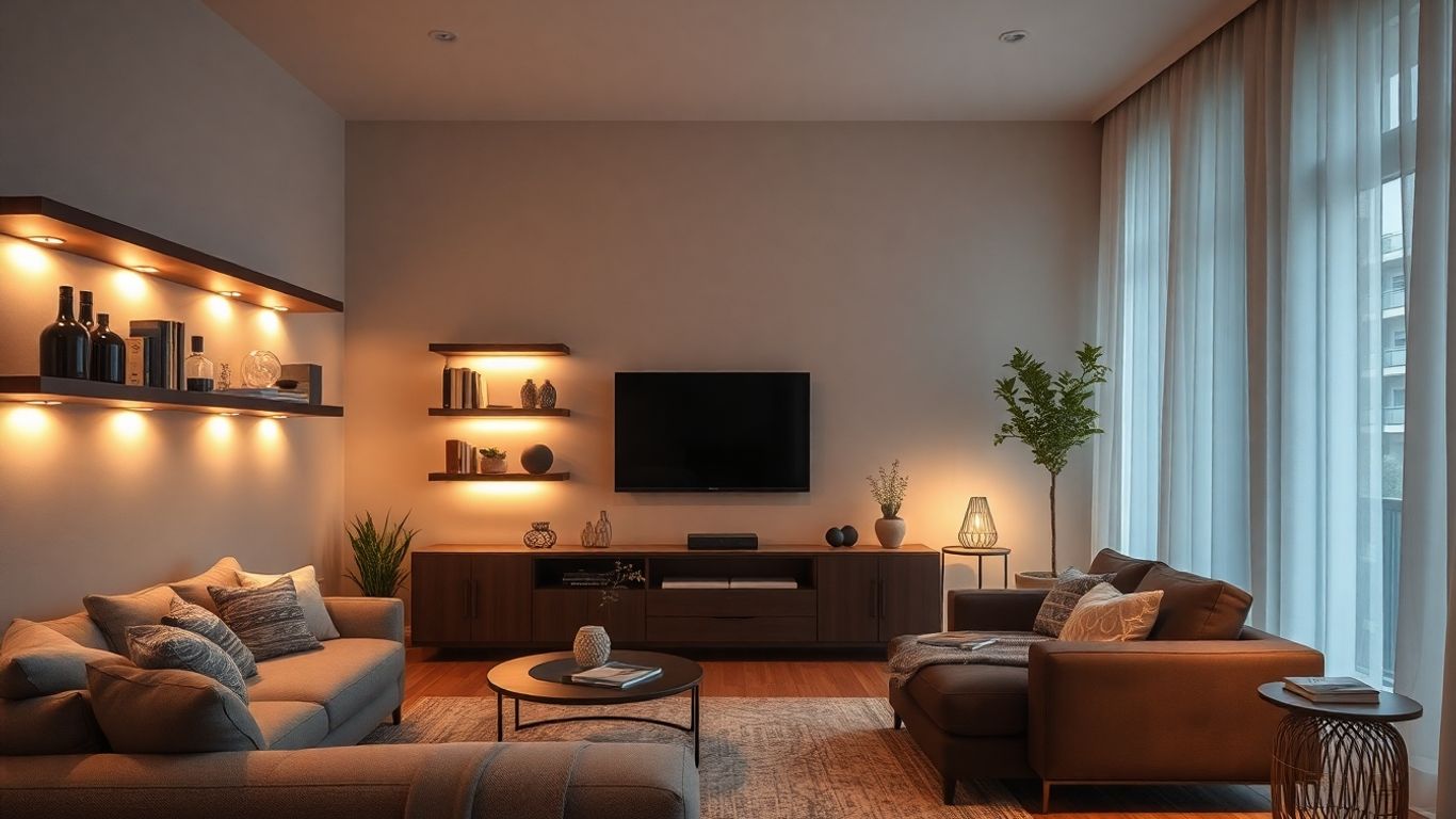 Warm LED puck lights illuminating furniture in a modern living room.