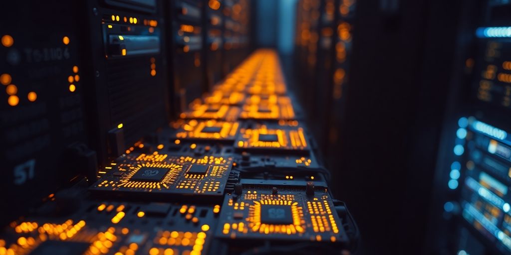 Computer chips glowing in dark server room.