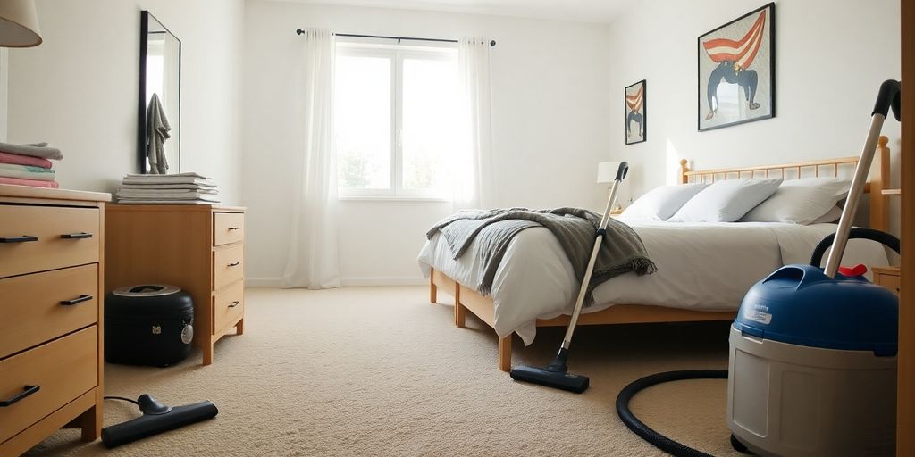 Clean bedroom with fresh bedding and sunlight streaming in.