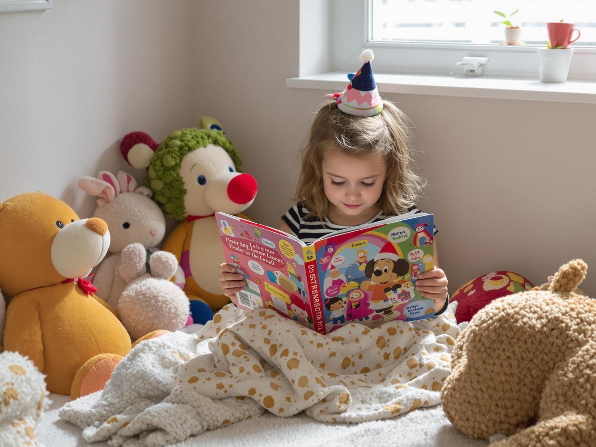 Copil citind o carte colorată într-un colț confortabil.