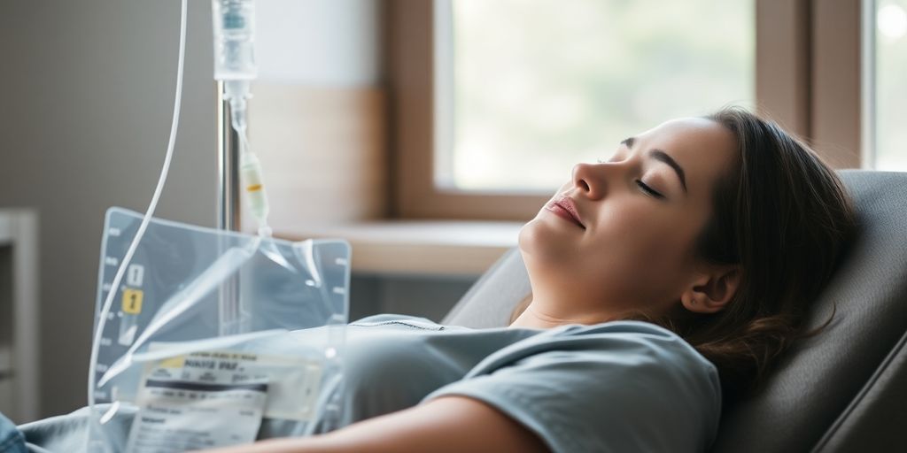 Person getting IV drip, relaxing.