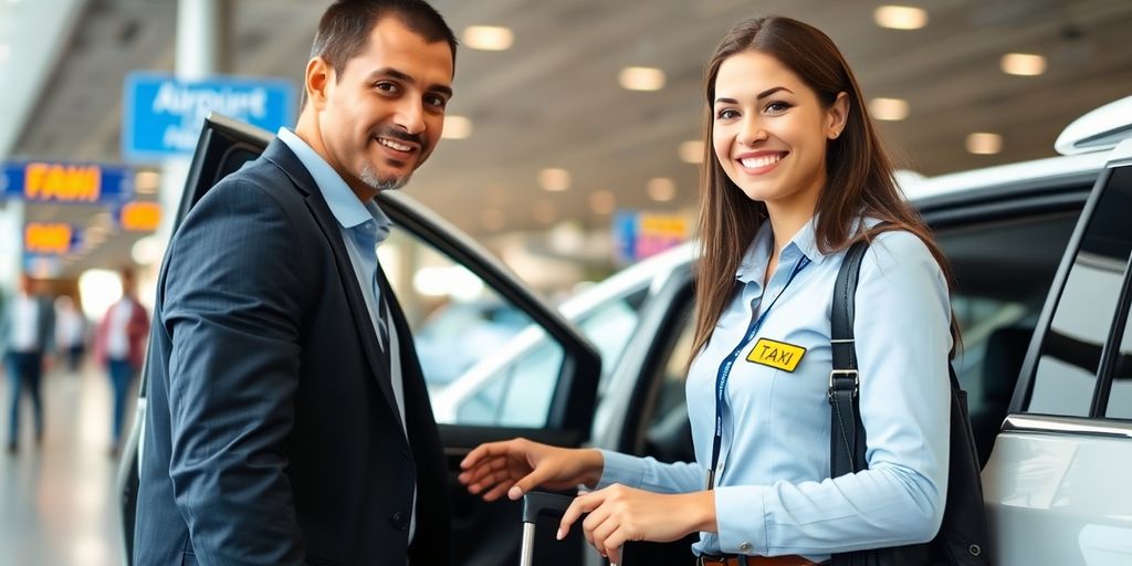Taxi driver helping passenger with luggage at airport.