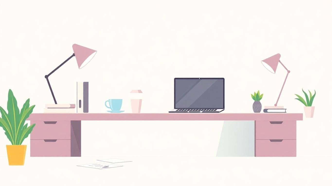 Illustrasjon av kontor med laptop og kaffekopp.