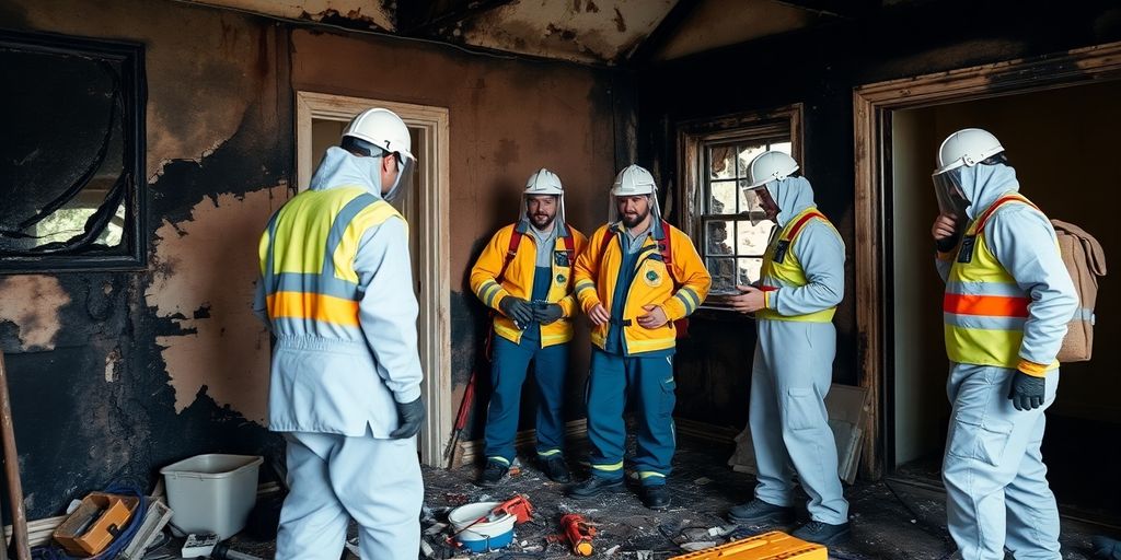 Fire restoration team assessing damage in a home.
