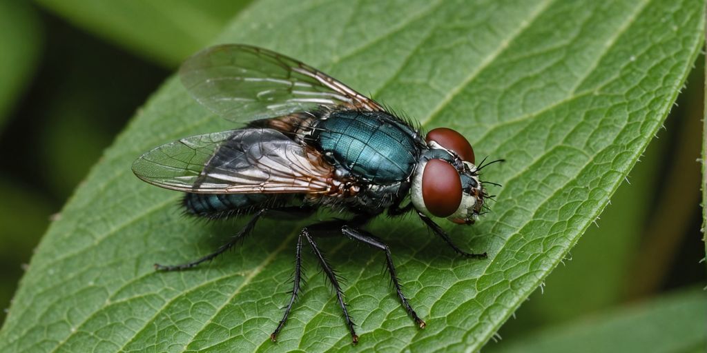Common house fly on green leaf