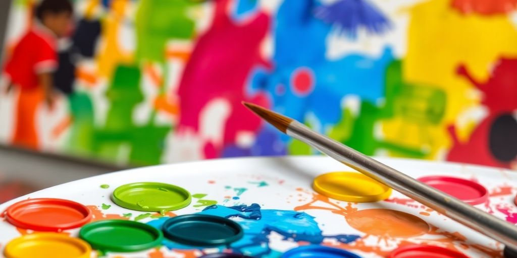 Colorful artist palette with acrylic paints and brush.