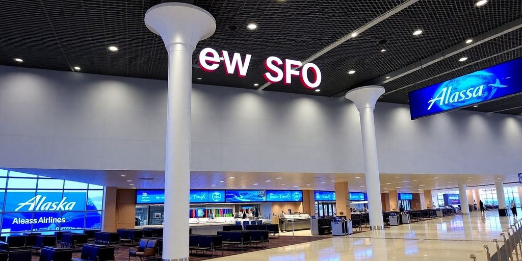 New SFO terminal with Alaska Airlines branding and architecture.