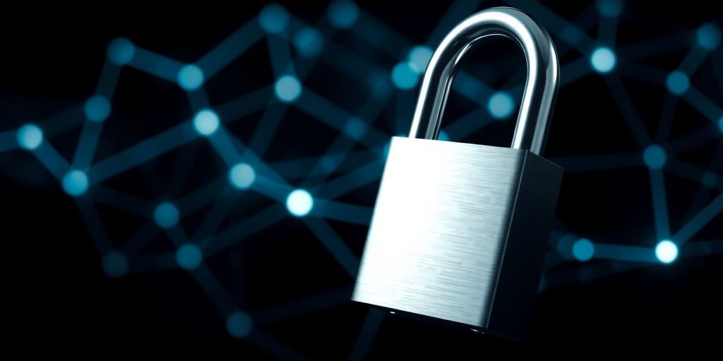 Digital padlock with glowing blockchain network background.