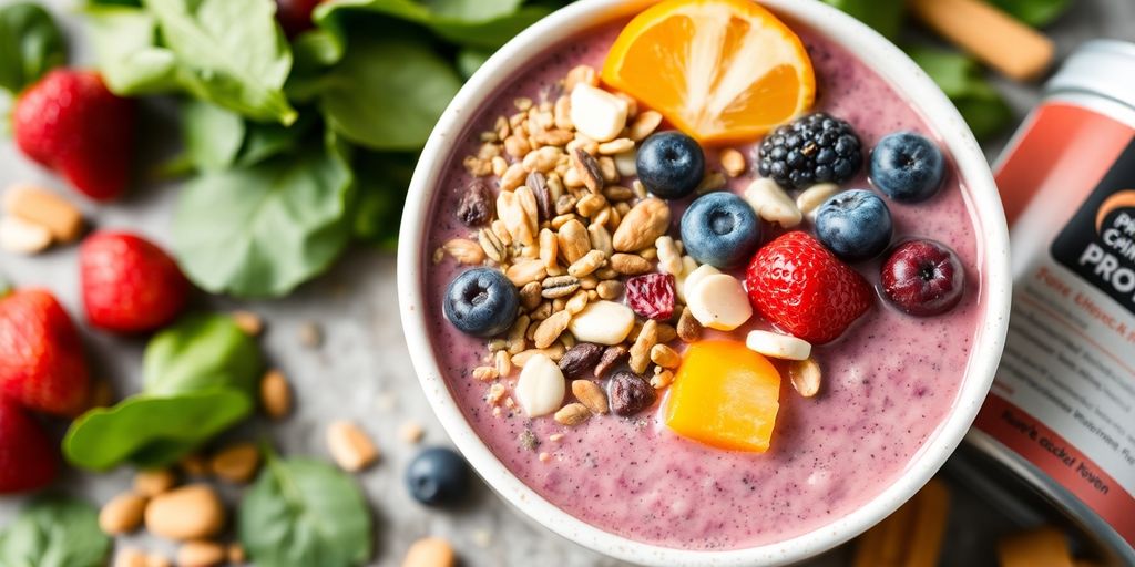 Colorful smoothie bowl with fruits and nuts.