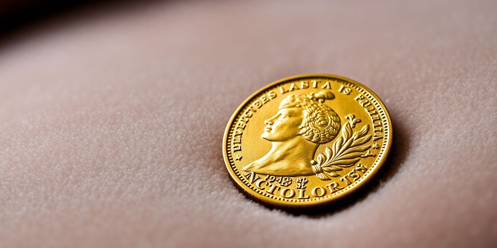 Une pièce de napoléon en or sur un tissu velouté.