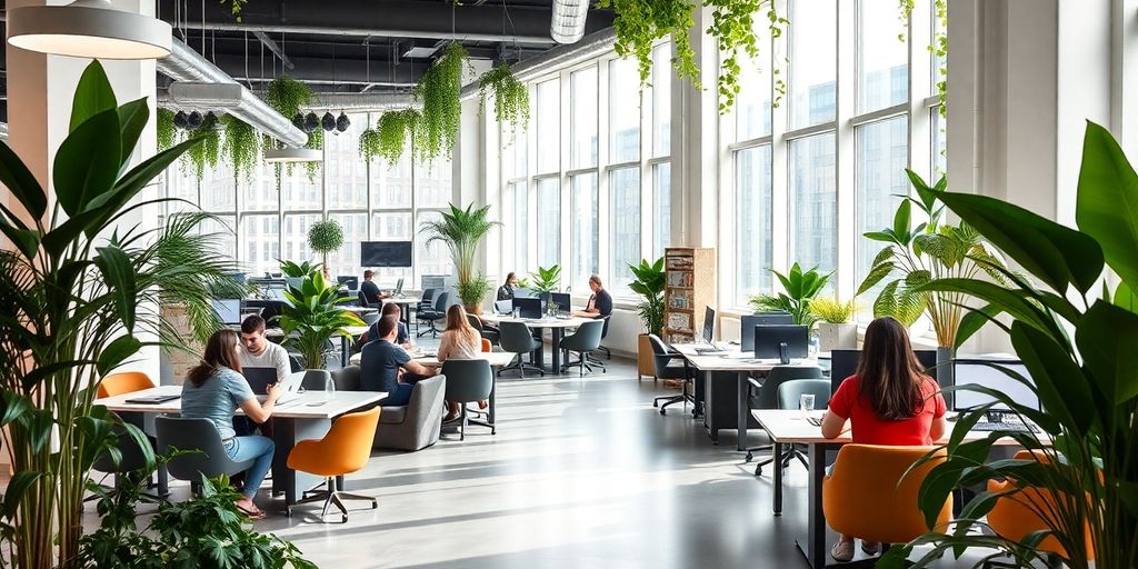 Modern coworking space with natural light.