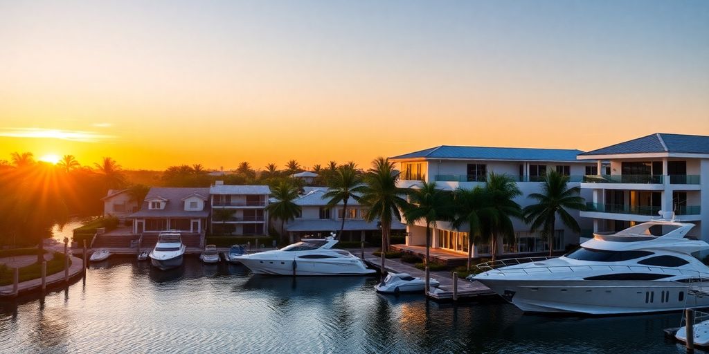 Luxury waterfront homes in Miami with palm trees.