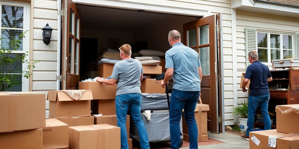 Équipe vidant une maison avec des meubles et des cartons.