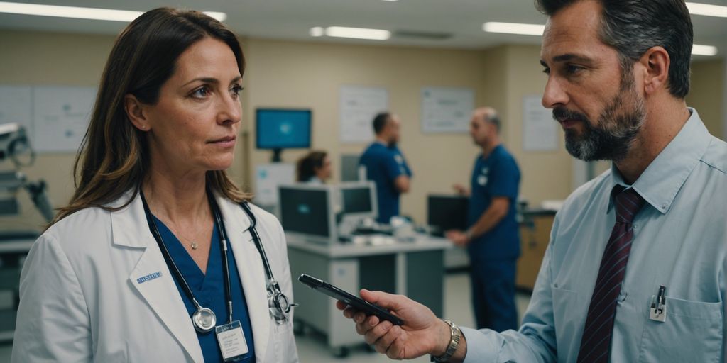 Hospital administrator discussing equipment support with rental service representative, medical equipment in the background.