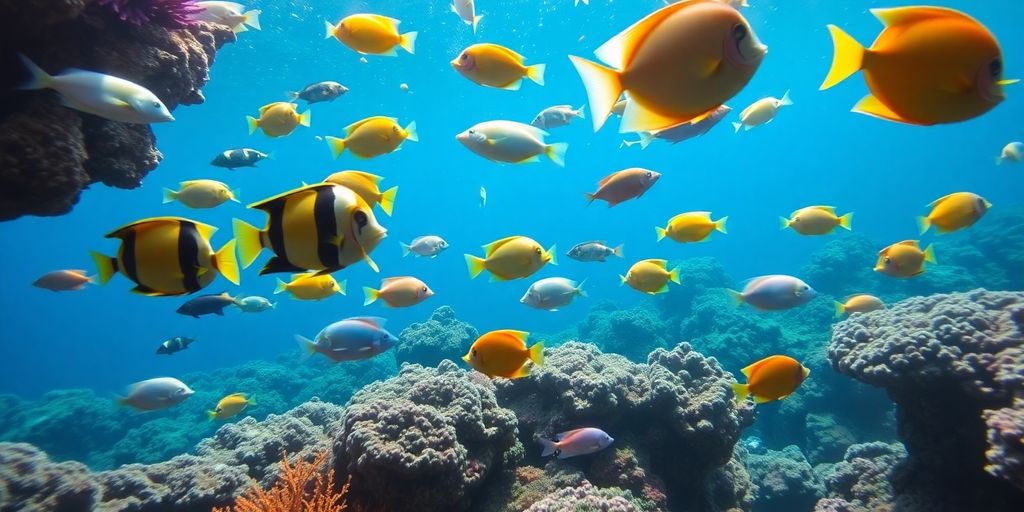 Makukulay na isdang dagat na lumalangoy sa isang coral reef.