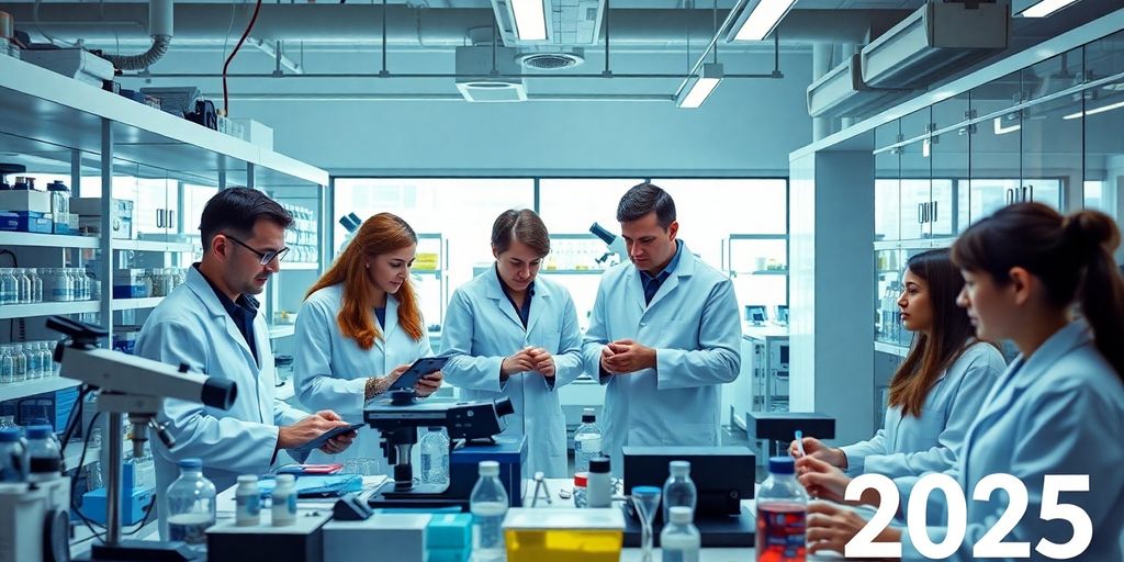 Diverse scientists working in a modern pharmaceutical laboratory.
