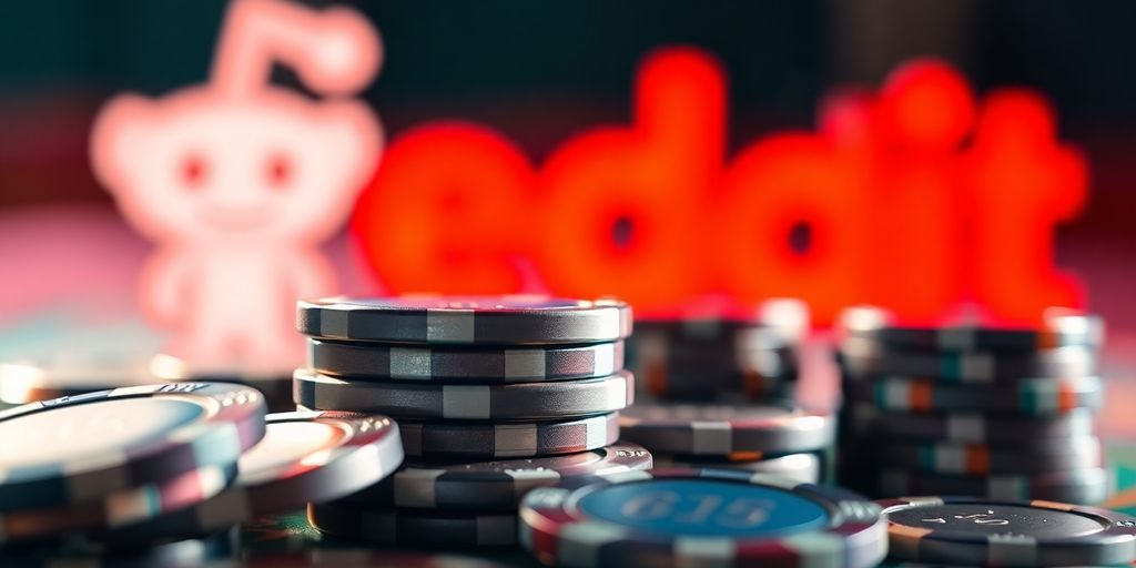 Glowing casino chips and a blurred Reddit logo