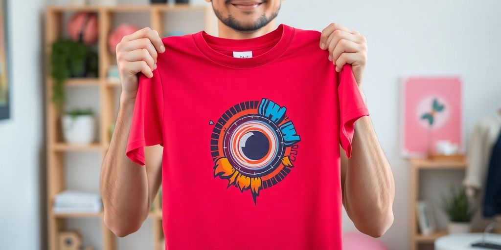 Person holding a custom designed t-shirt.