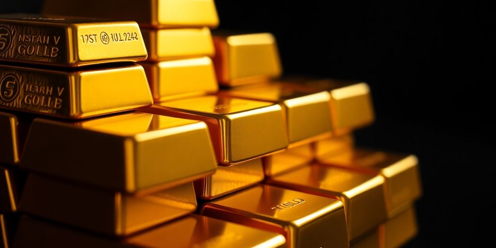 Des lingots d'or empilés sur un fond sombre.