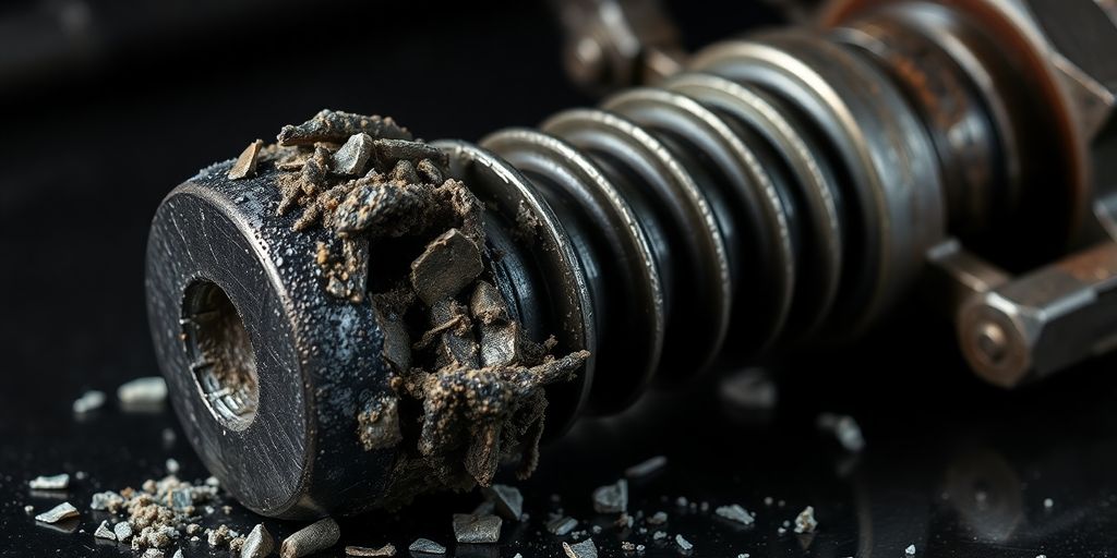 A close-up of a damaged and stripped airplane jackscrew.