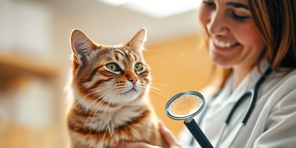 A veterinarian examining a healthy cat with a magnifying glass.