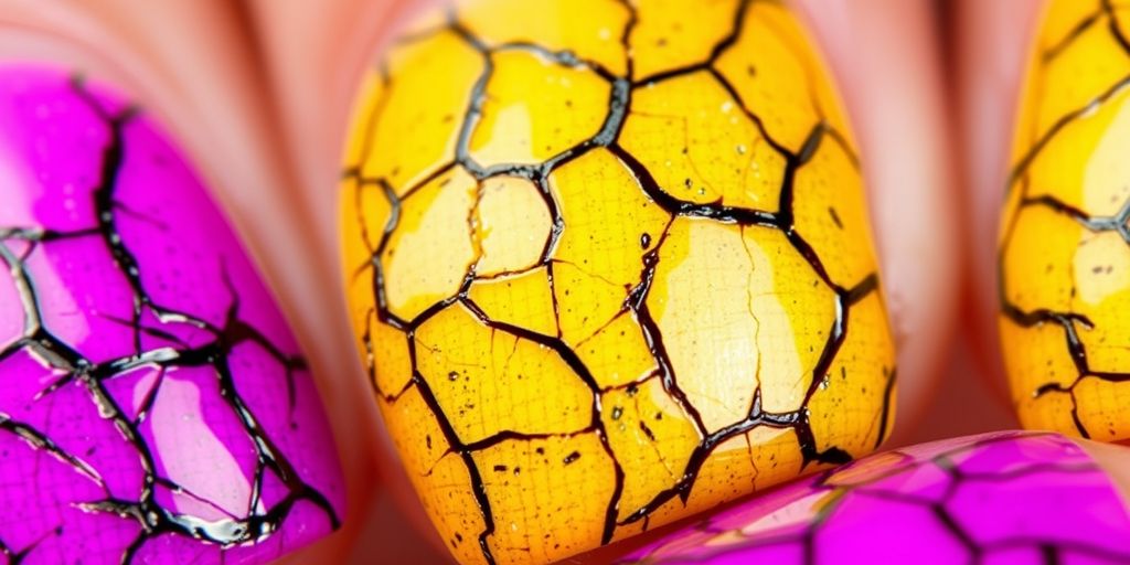 Unhas com efeito craquelado em várias cores.