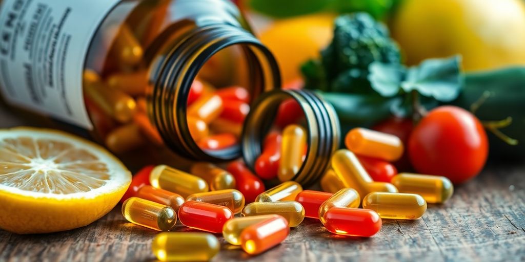 Probiotic capsules and fresh produce on a wooden table.