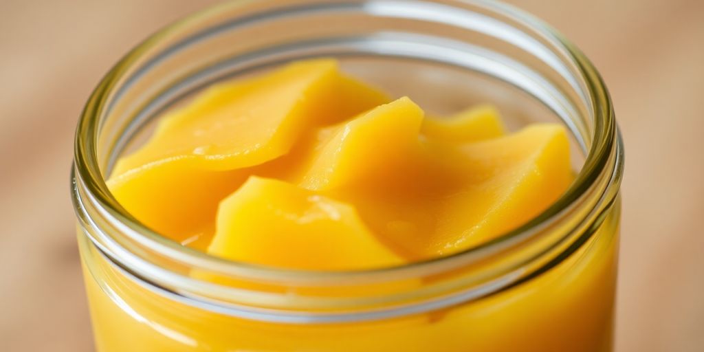 Rendered beef fat, golden and glistening in a glass jar.