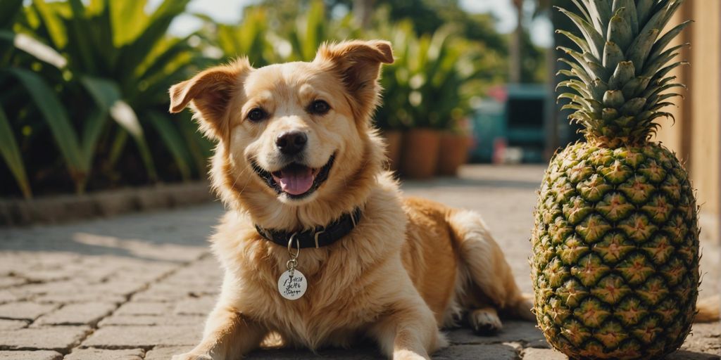Happy dog sitting next to a pineapple with a question mark above it, pondering if it's safe to eat.