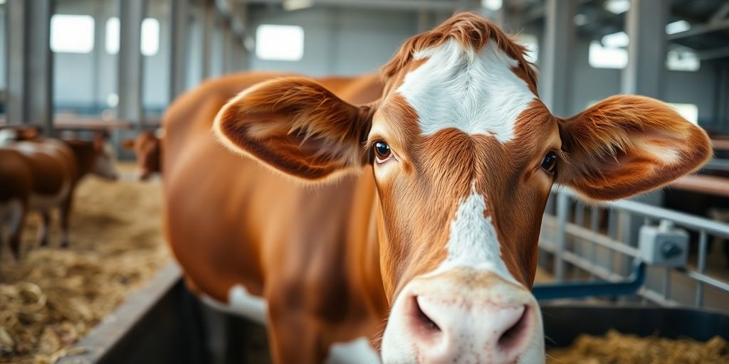 Grain-fed cow in a barn